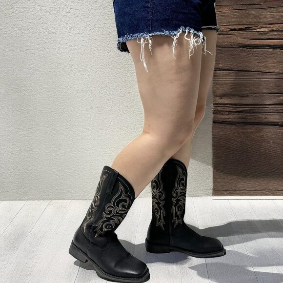 Black Women's Wide Width Cowboy Boots Square Toe Mid Calf Western Cowgirl Boots - Picture 6 of 8